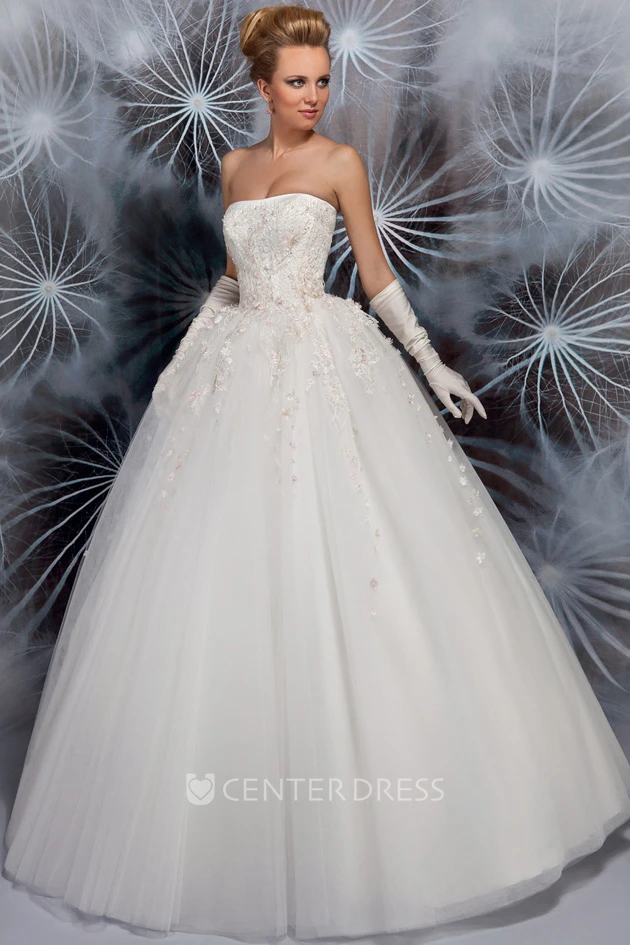 Long Strapless Appliqued Tulle Wedding Dress With Ribbon And Corset Back