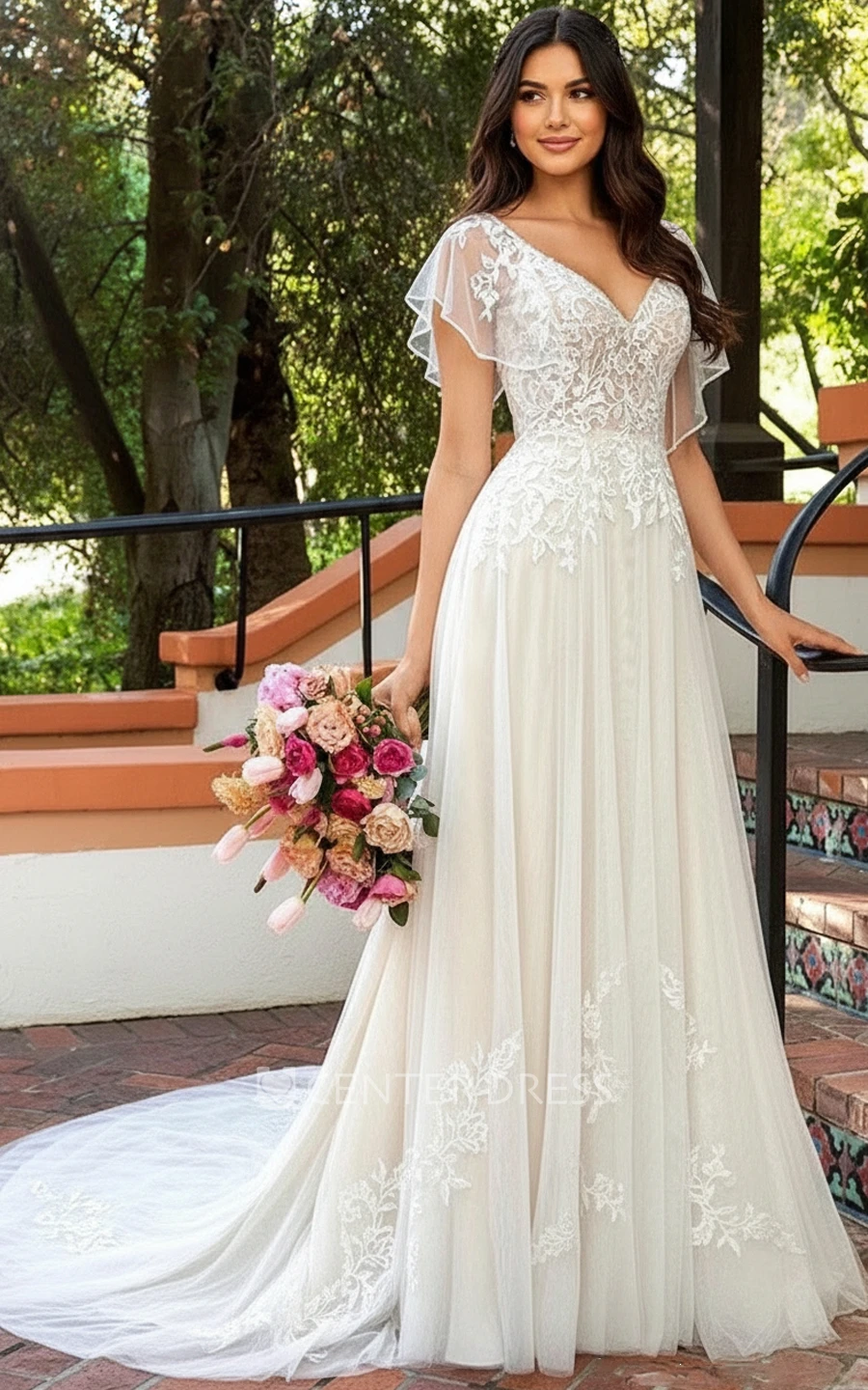 Vintage Flutter Sleeves A Line Wedding Dress Boho Lace V Neck Bridal Gown