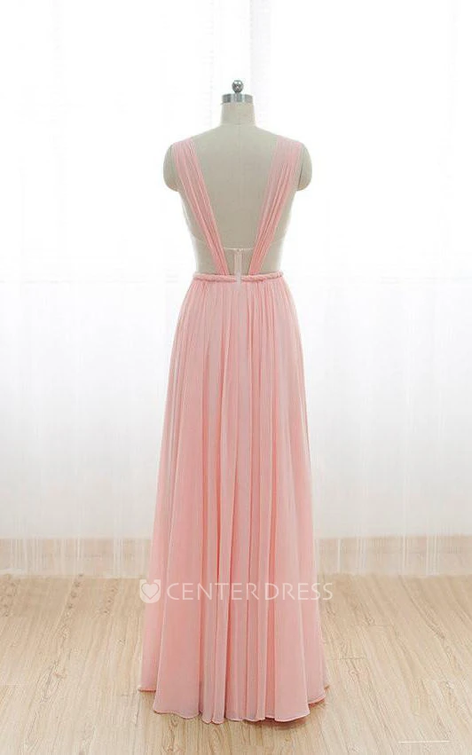 Floor-length Straps Pleats Chiffon Dress with V Back
