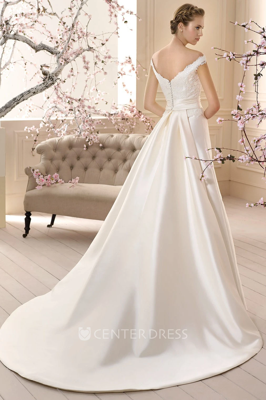 Floor-Length V-Neck Appliqued Satin Wedding Dress