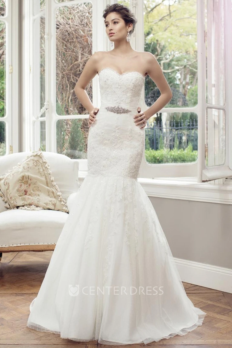 Mermaid Jeweled Sweetheart Lace Warm Wedding Dress With Lace Up