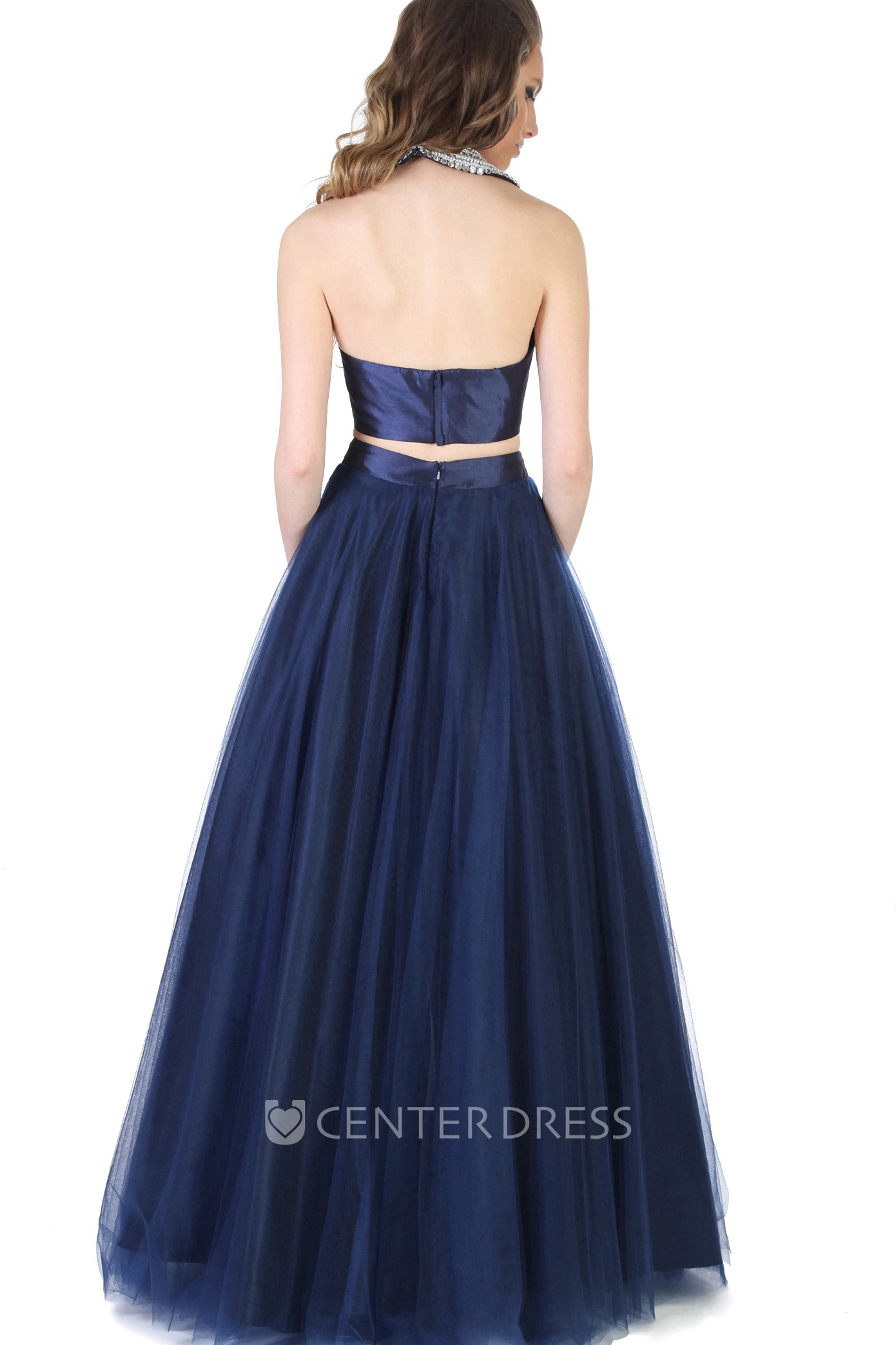 A-Line Long Sleeveless Beaded Tulle Prom Dress With Pleats