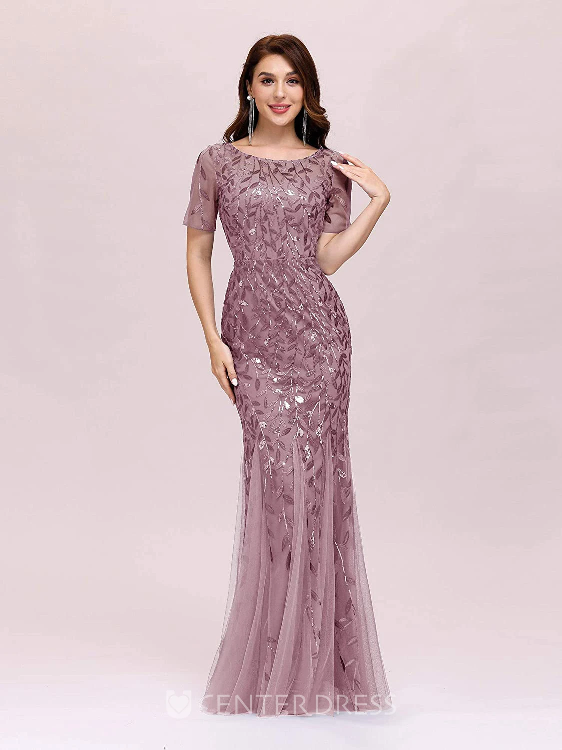 Trumpet Short Sleeve Tulle Sequins Elegant Zipper Illusion Dress with Pleats