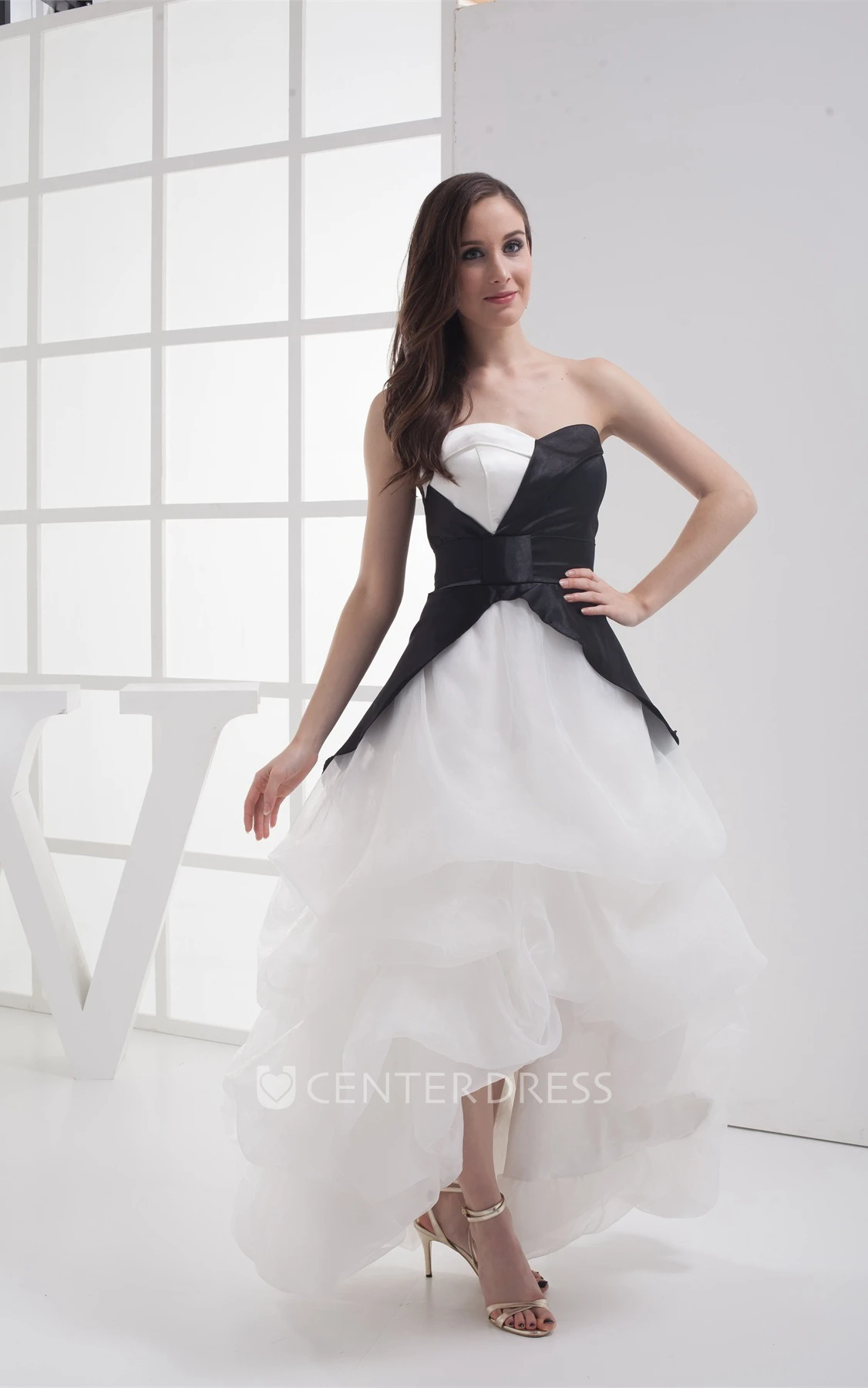Black-And-White High-Low Organza Prom Dress with Tiers and Ruffles