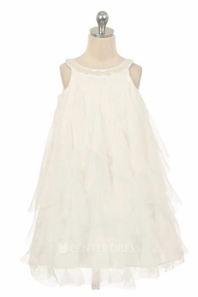 Floral Tea-Length Floral Beaded Satin Flower Girl Dress With Ruffles