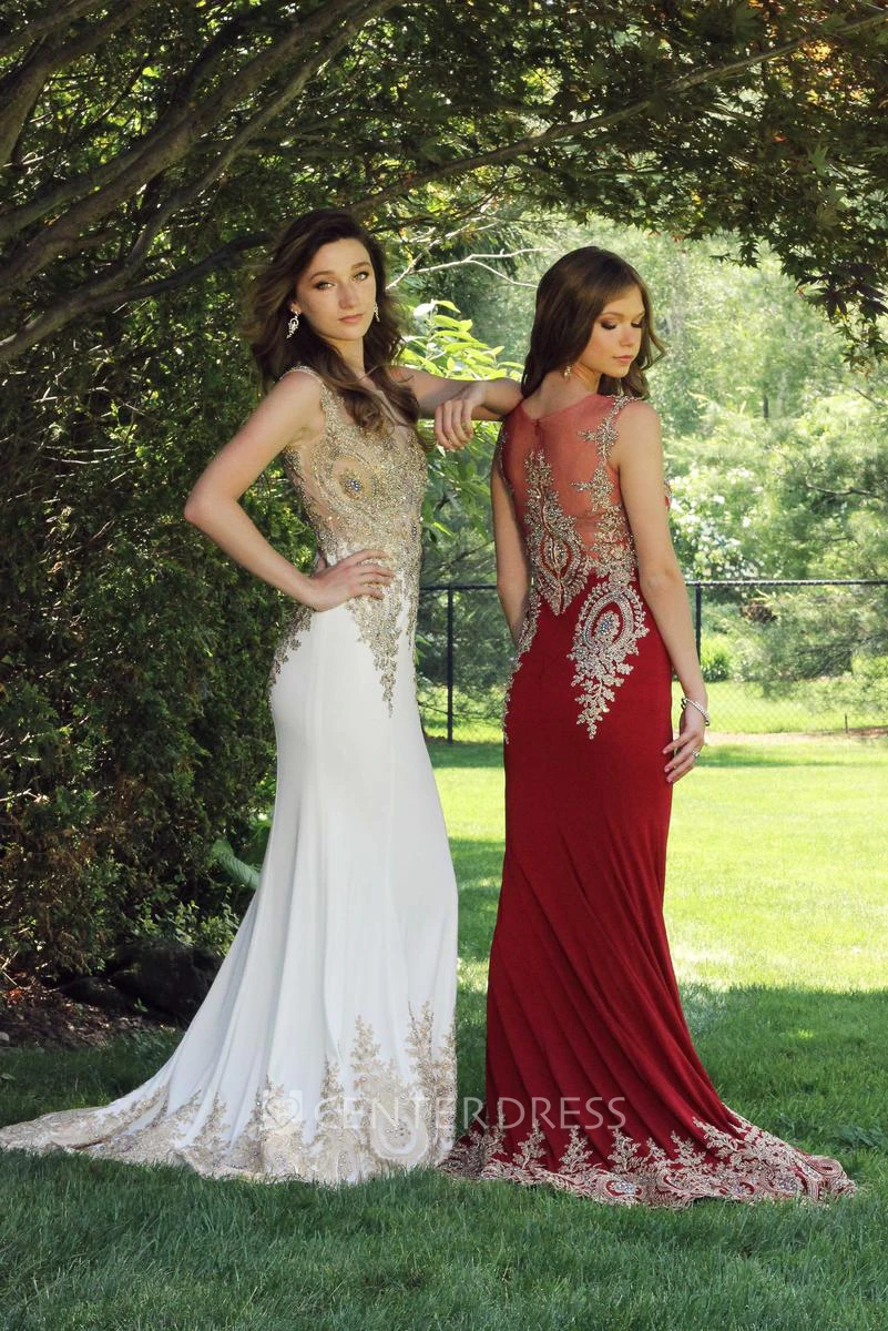 Sheath Scoop-Neck Sleeveless Jersey Illusion Dress With Beading