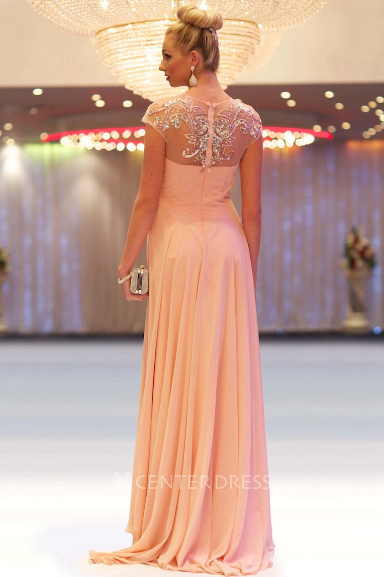 A-Line Cap-Sleeve Floor-Length Jewel-Neck Empire Beaded Chiffon Prom Dress