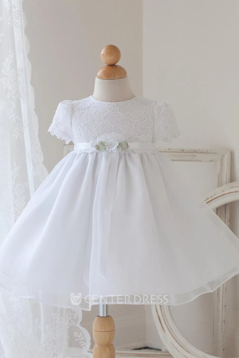 Tea-Length Floral Bowed Lace&Organza Flower Girl Dress With Ribbon