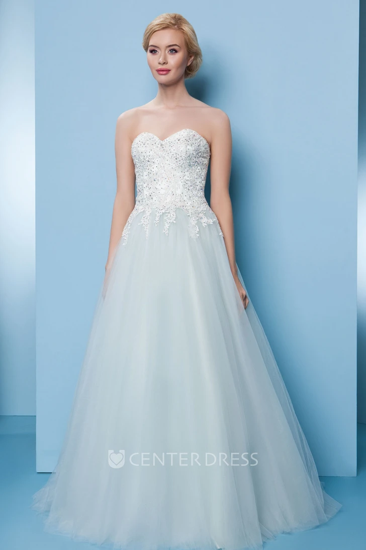 A-Line Appliqued Maxi Sweetheart Sleeveless Tulle Prom Dress