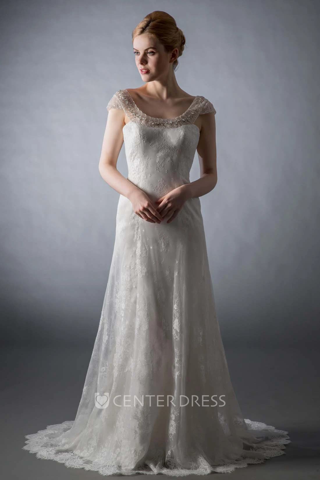 A-Line Scoop-Neck Cap-Sleeve Beaded Floor-Length Lace Wedding Dress With Appliques And Deep-V Back