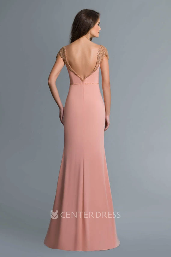 Sheath Maxi Cap-Sleeve Jersey Deep-V Back Dress