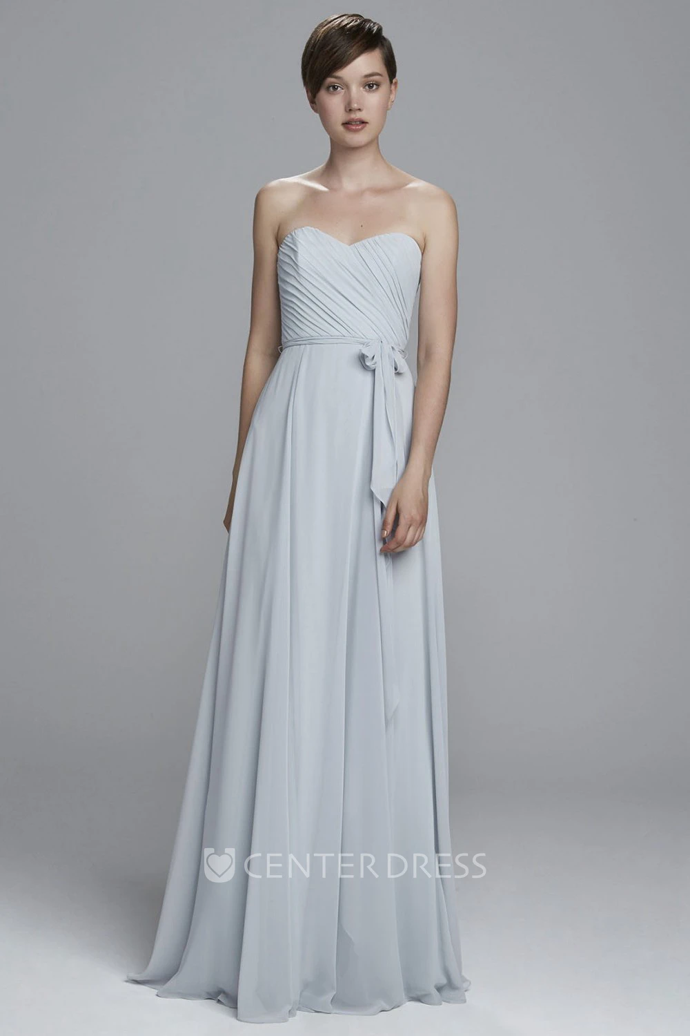 A-Line Ruched Sweetheart Floor-Length Sleeveless Chiffon Bridesmaid Dress With Bow And Pleats