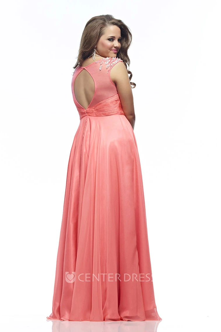 A-line Floor-length Scoop Sleeveless Jersey Beading Pleats Keyhole Dress
