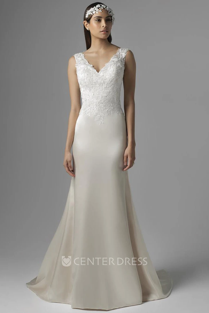 Sheath V-Neck Sleeveless Satin Wedding Dress