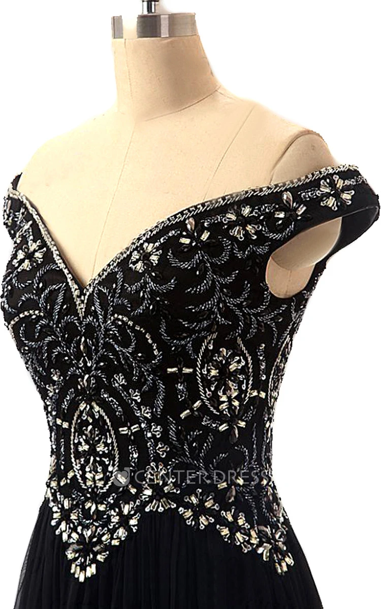 Off-the-shoulder A-line Chiffon Dress With Beaded Bodice