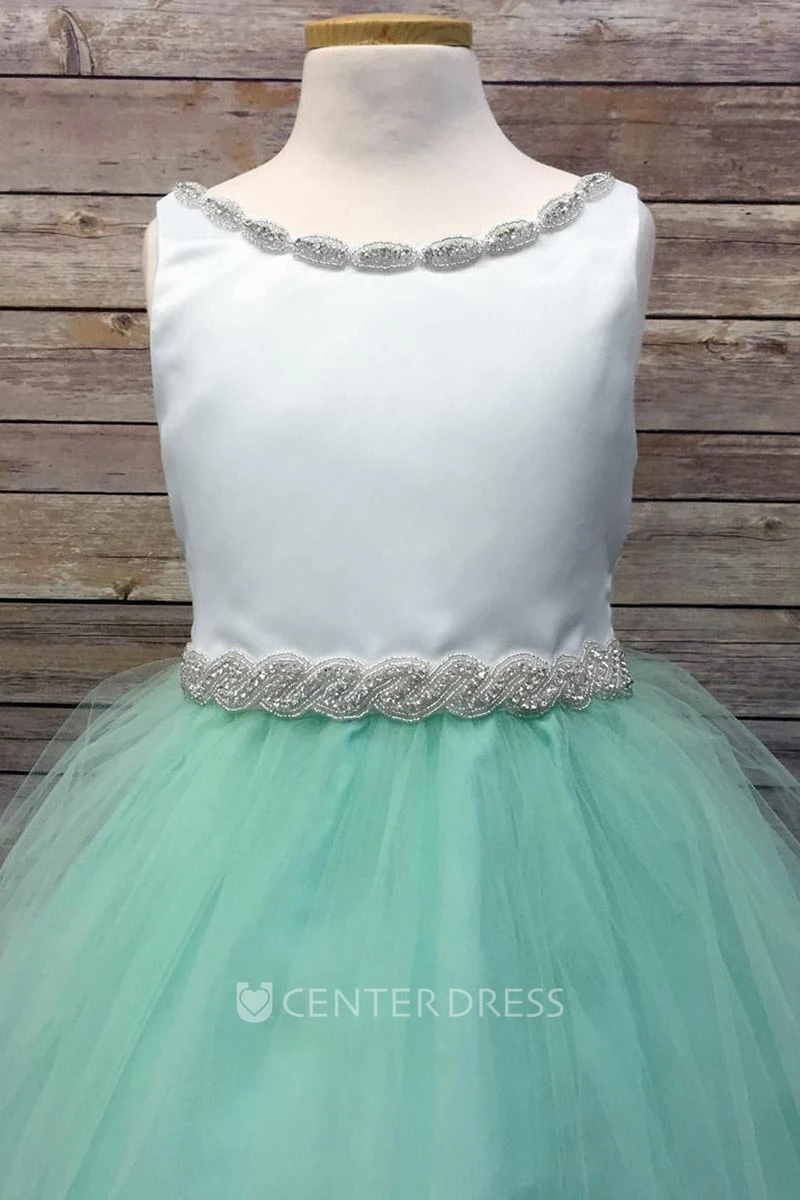 V-Neck Tea-Length Beaded Tulle&Satin Flower Girl Dress