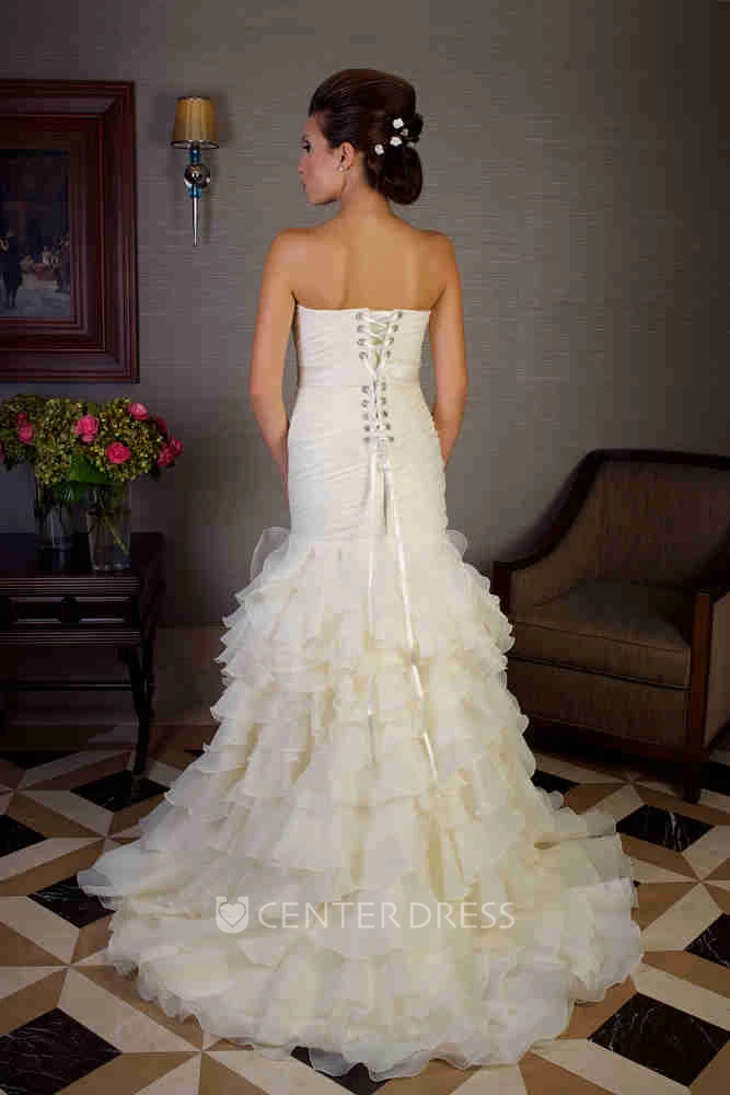 Mermaid Sweetheart Tiered Organza Wedding Dress With Criss Cross And Ribbon