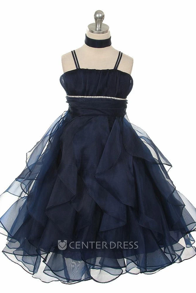 Ankle-Length Cape Empire Pleated Tiered Organza Flower Girl Dress With Sash