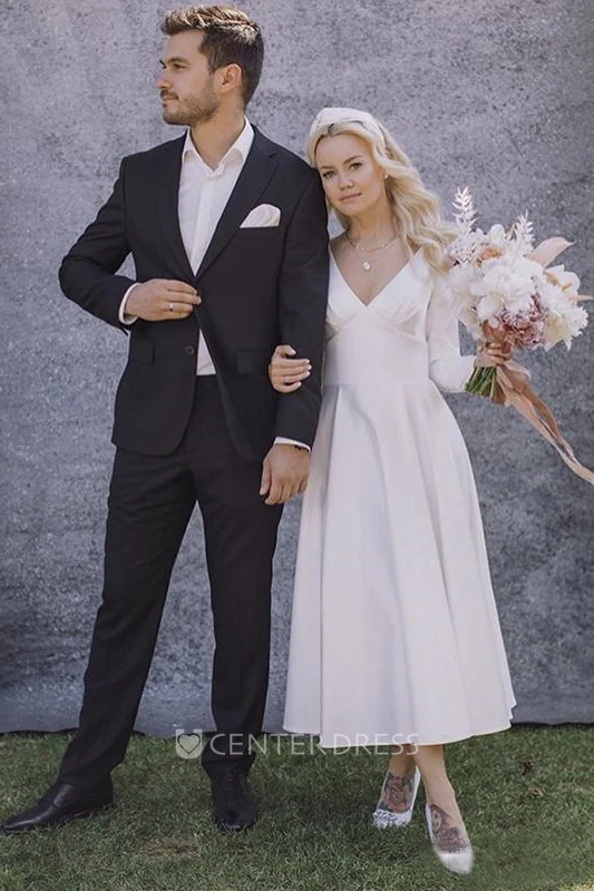 A-line Elegant V-neck Long Sleeve Satin Wedding Dress With Pleats