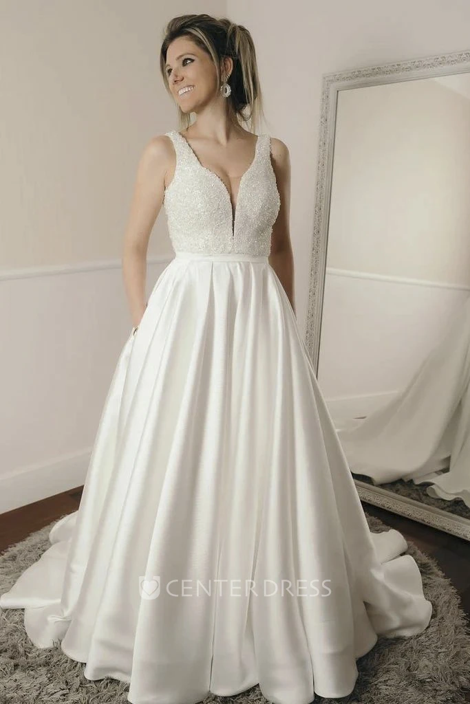 Beaded Elegant Sleeveless Simple Ballgown Plunging Satin Wedding Dress