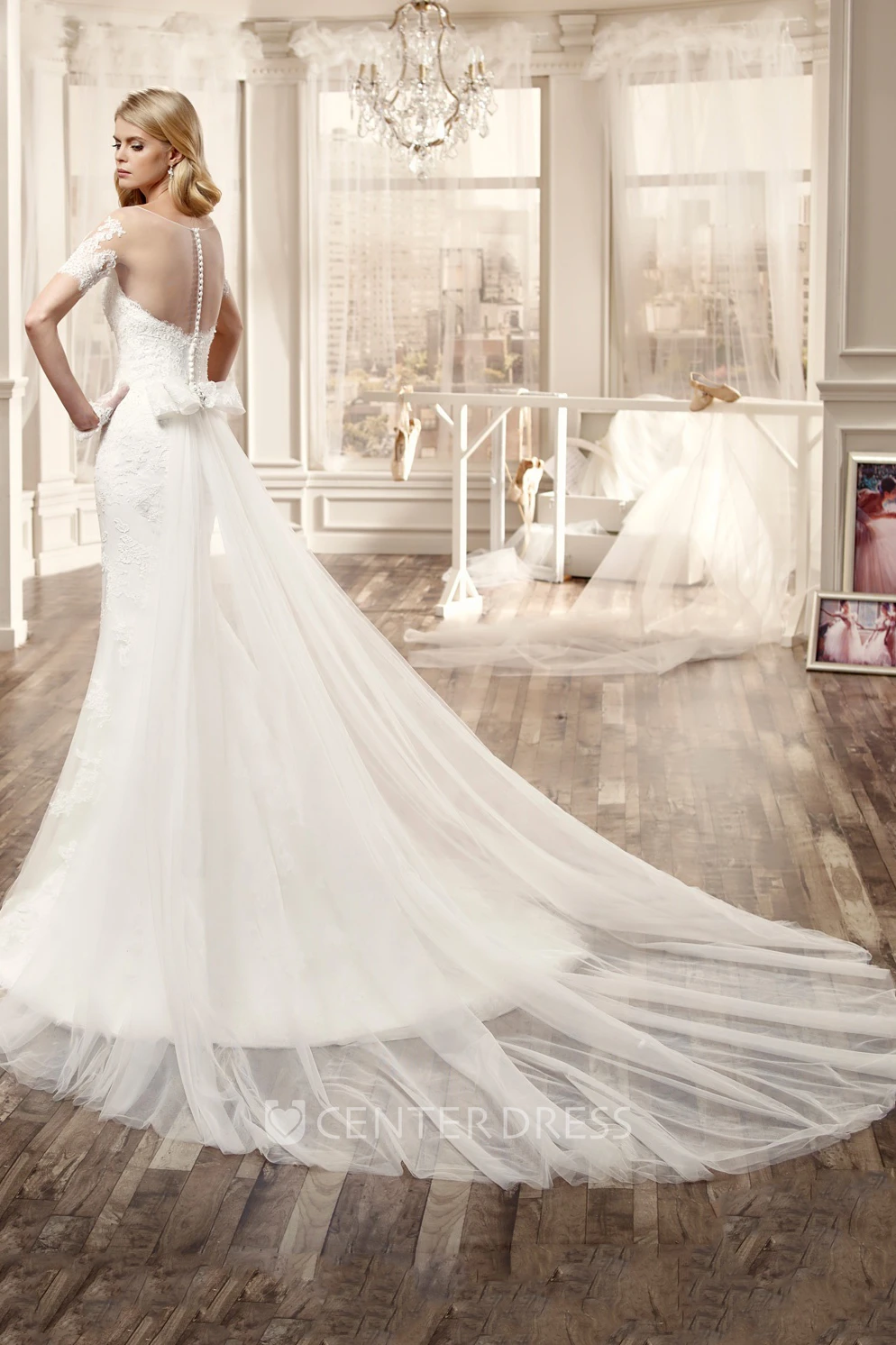 Side-Split Lace Long Wedding Dress With T-Shirt Sleeve Back Bow