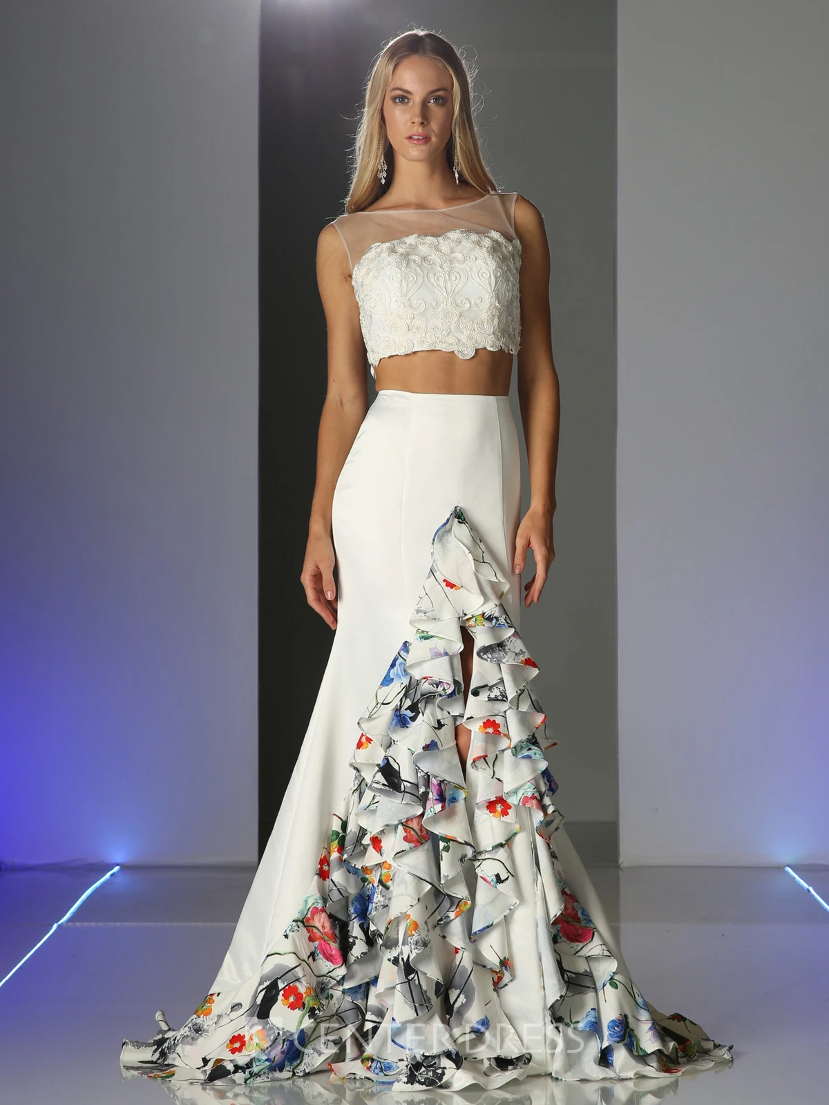 Two-Piece Trumpet Bateau Sleeveless Satin Illusion Dress With Appliques And Cascading Ruffles