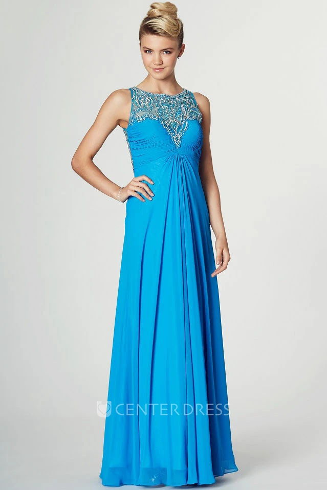 Ruched Sleeveless Scoop Neck Chiffon Prom Dress With Pleats And Beading