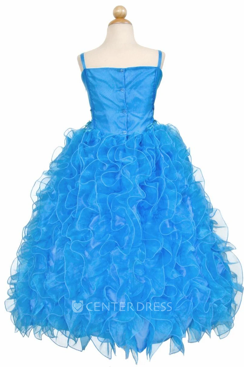 Spaghetti Floor-Length Ruffled Tiered Lace&Organza Flower Girl Dress