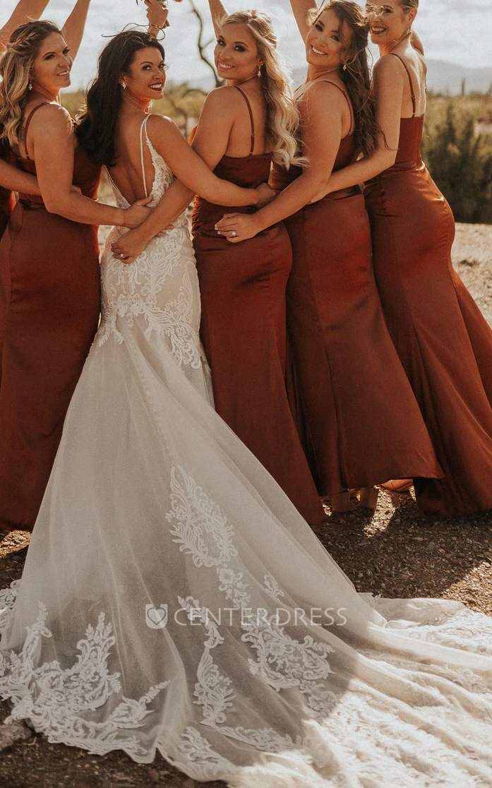 Mermaid V-Neck Tulle Wedding Dress with Train Romantic Modern