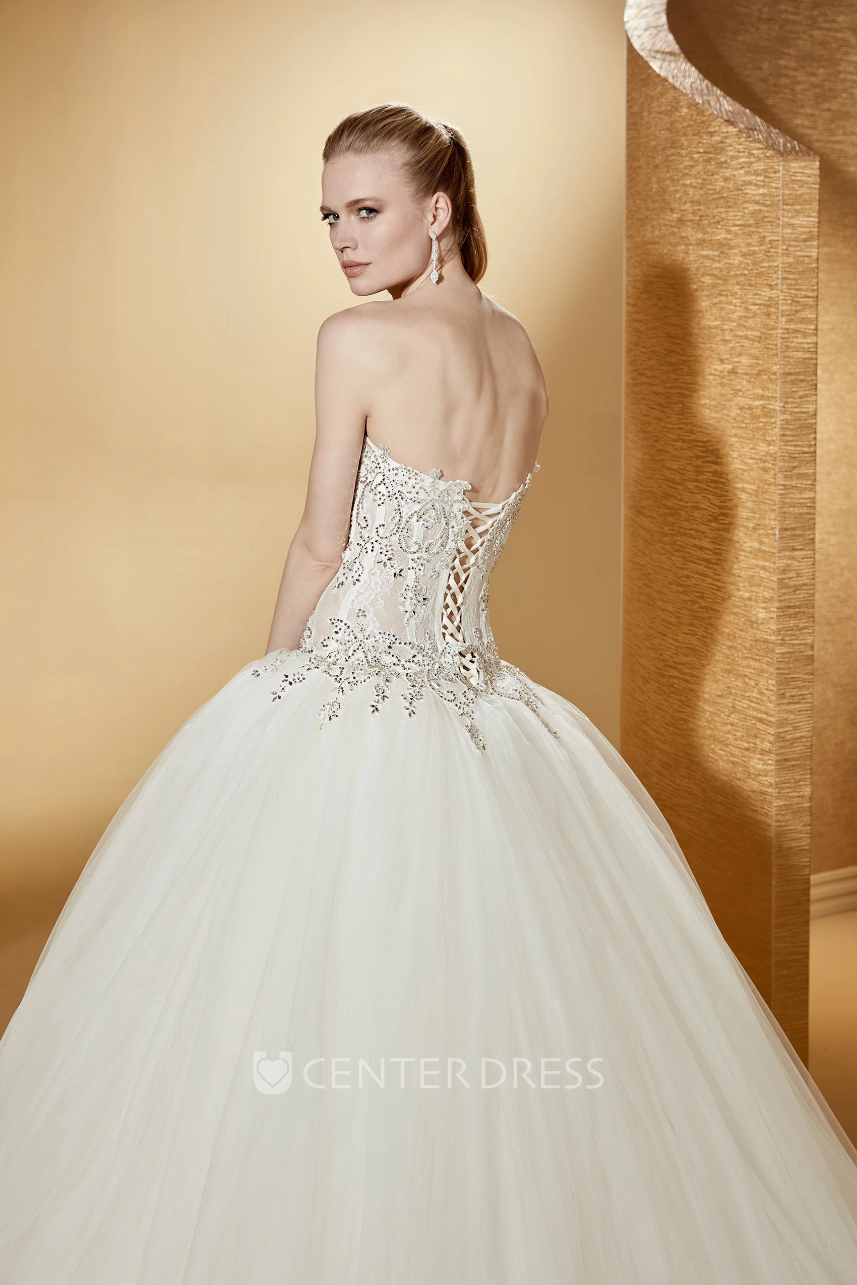 Chic Sleeveless Ball Gown With Beaded Corset And Lace-Up Back