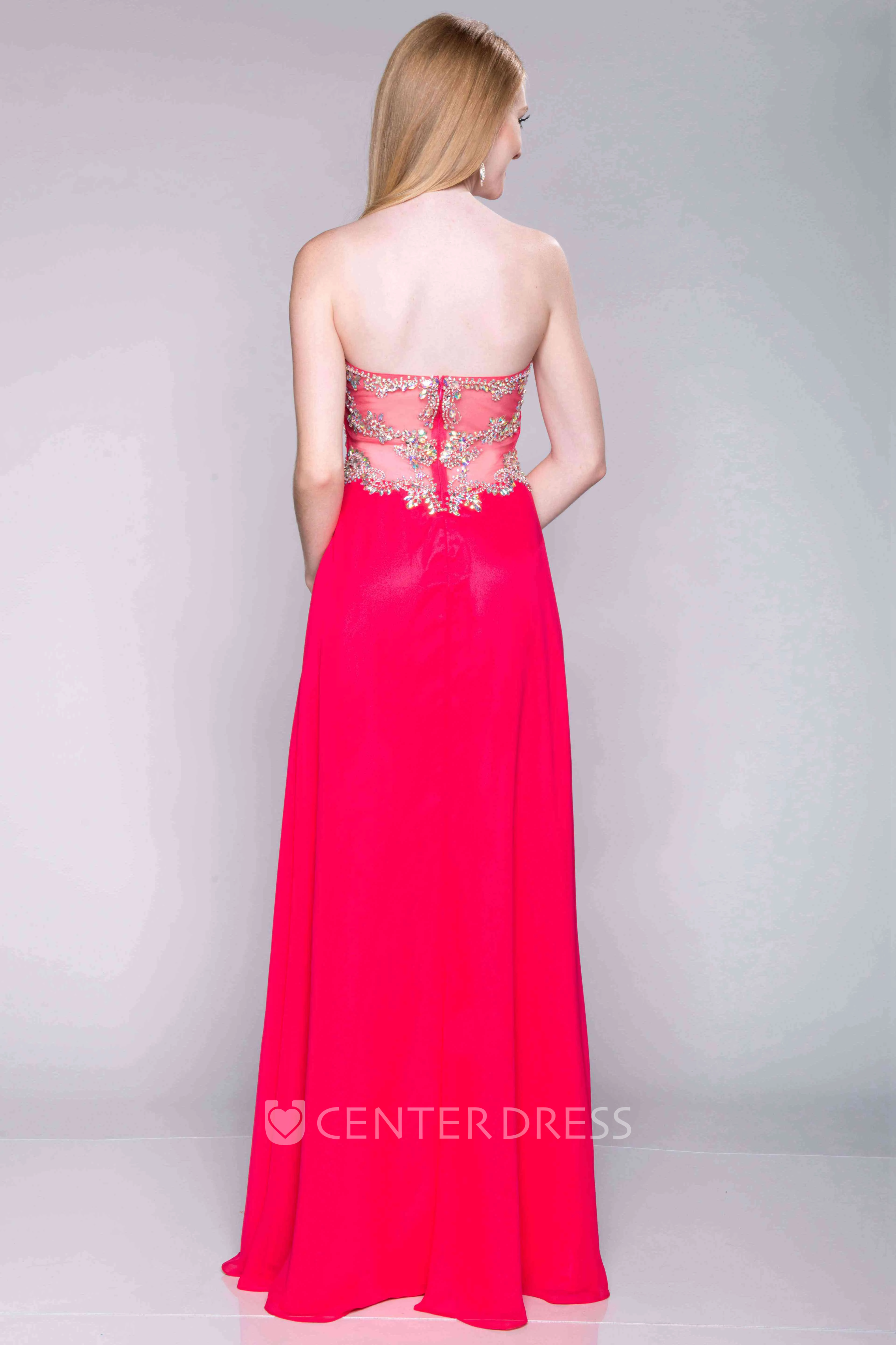 Sweetheart Ruched Bodice Chiffon Prom Dress With Side Slit And Pearls