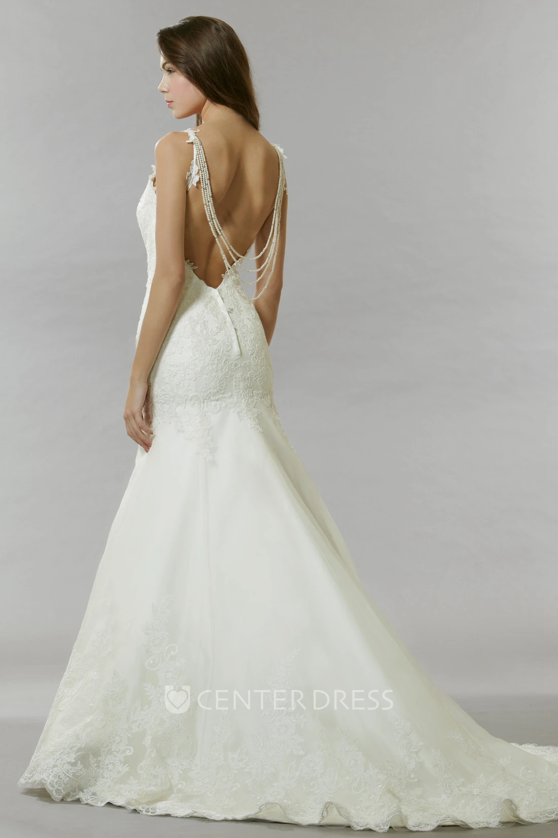 A-Line Appliqued Floor-Length Sleeveless Lace Wedding Dress With Backless Style And Beading