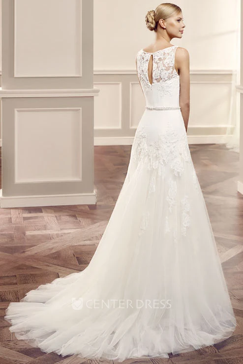A-Line Bateau Sleeveless Appliqued Maxi Tulle Wedding Dress With Illusion Back And Waist Jewellery