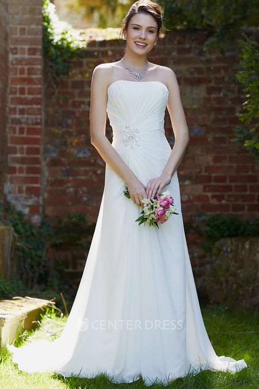 Strapless Long Draped Chiffon Wedding Dress With Sweep Train And Corset Back