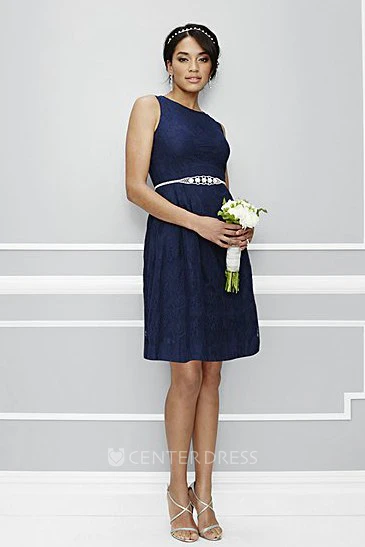 A-Line Mini Sleeveless Beaded Scoop Neck Satin Bridesmaid Dress
