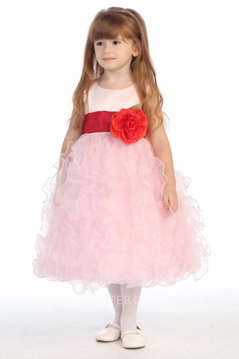 Floral Tea-Length Tiered Organza&Satin Flower Girl Dress With Ruffles