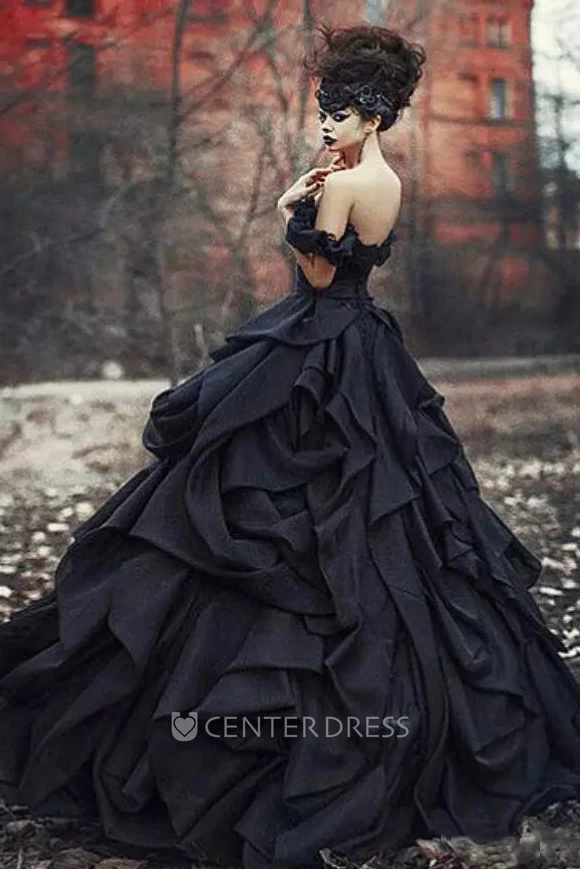 Sleeveless Ball Gown Off-the-shoulder Taffeta Floor-length Wedding Dress with Cascading Ruffles