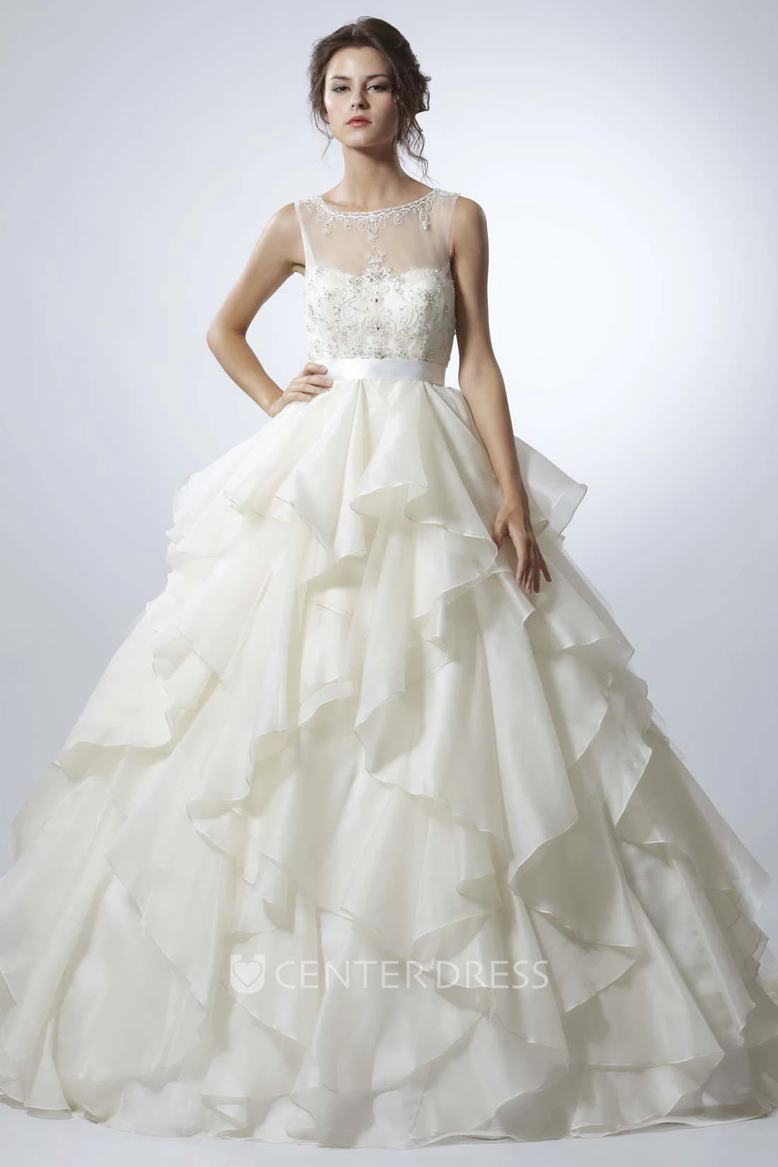 A-Line Sleeveless Scoop Floor-Length Cascading-Ruffle Organza Wedding Dress With Illusion Back And Beading
