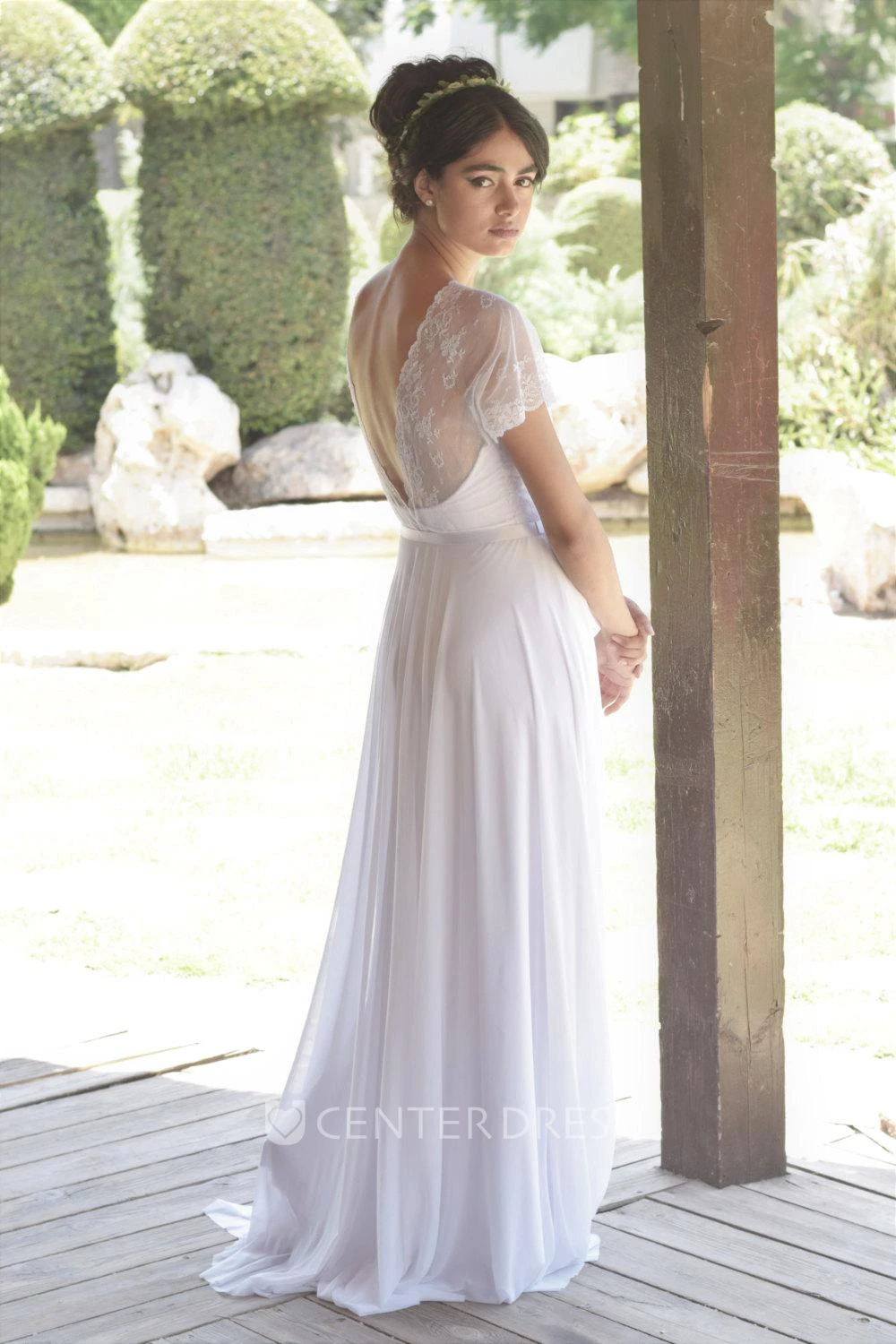 Short Sleeve Lace Chiffon Pleated Wedding Dress With Deep-V Back