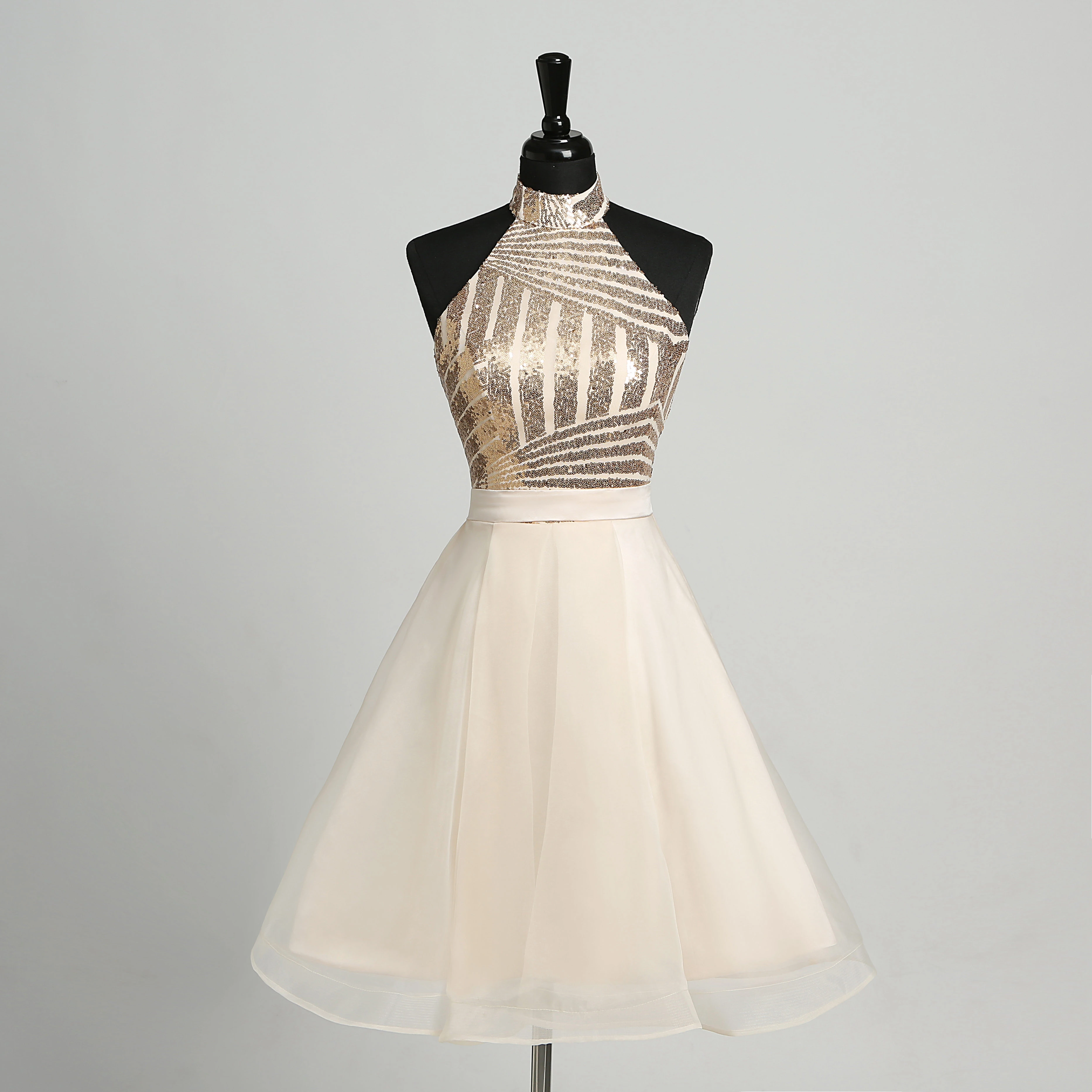 Tulle A-Line Halter Adorable Sleeveless Short Mini Backless Dress with Sequins