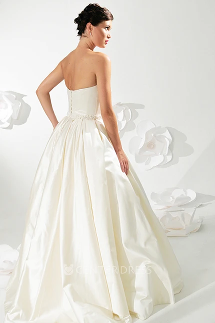A-Line Sleeveless Floor-Length Jeweled Strapless Satin Wedding Dress With Backless Style