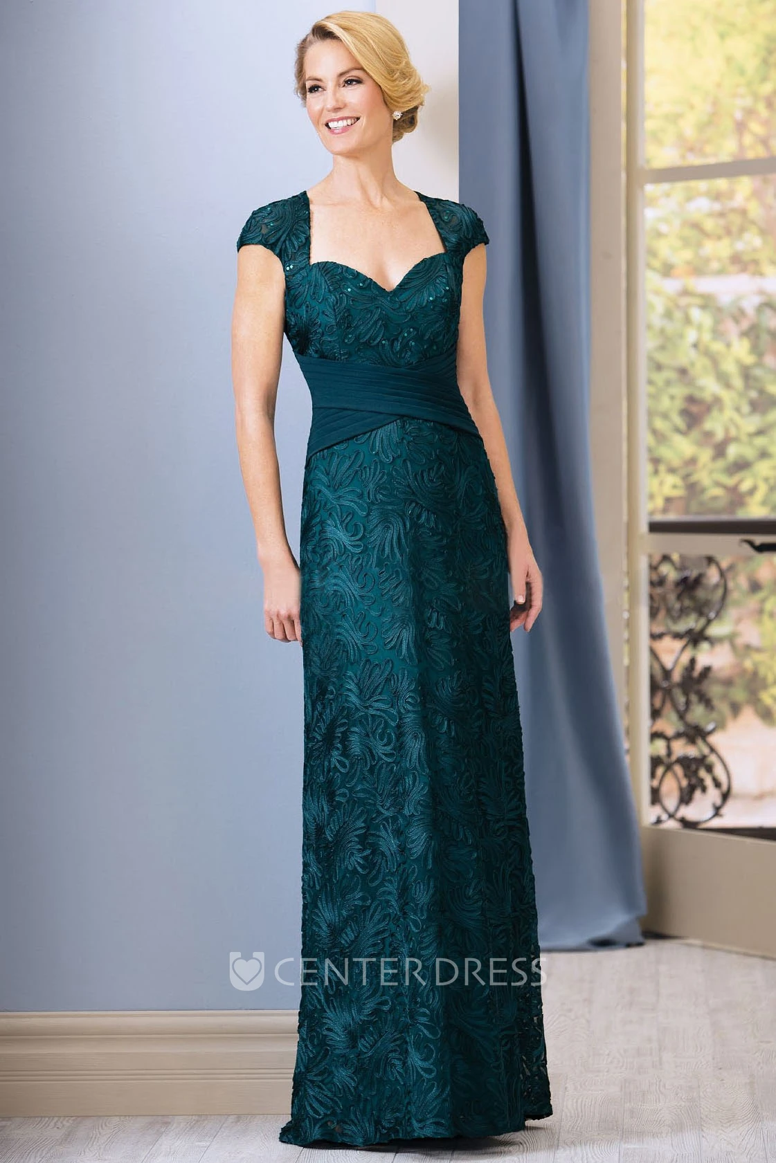 Cap-Sleeved Mother Of The Bride Dress With Crisscross Ruches And Keyhole Back