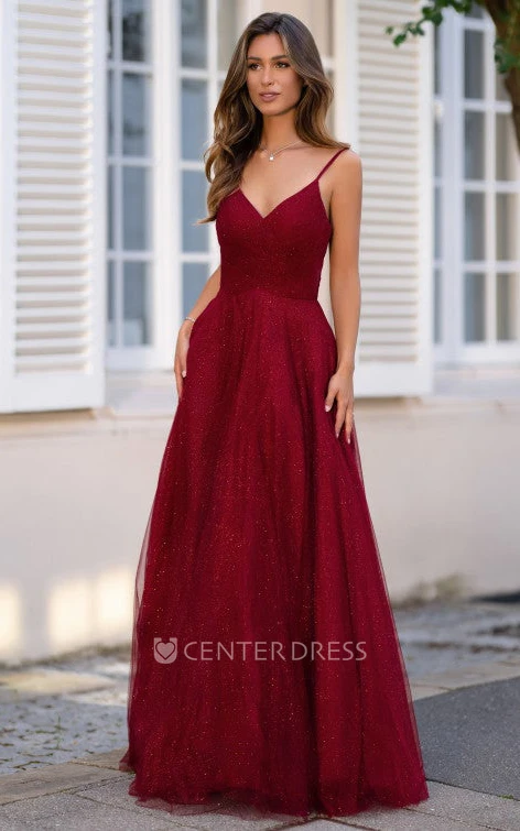 Elegant Tulle Sleeveless Floor-length A Line Prom Dress with Ruching