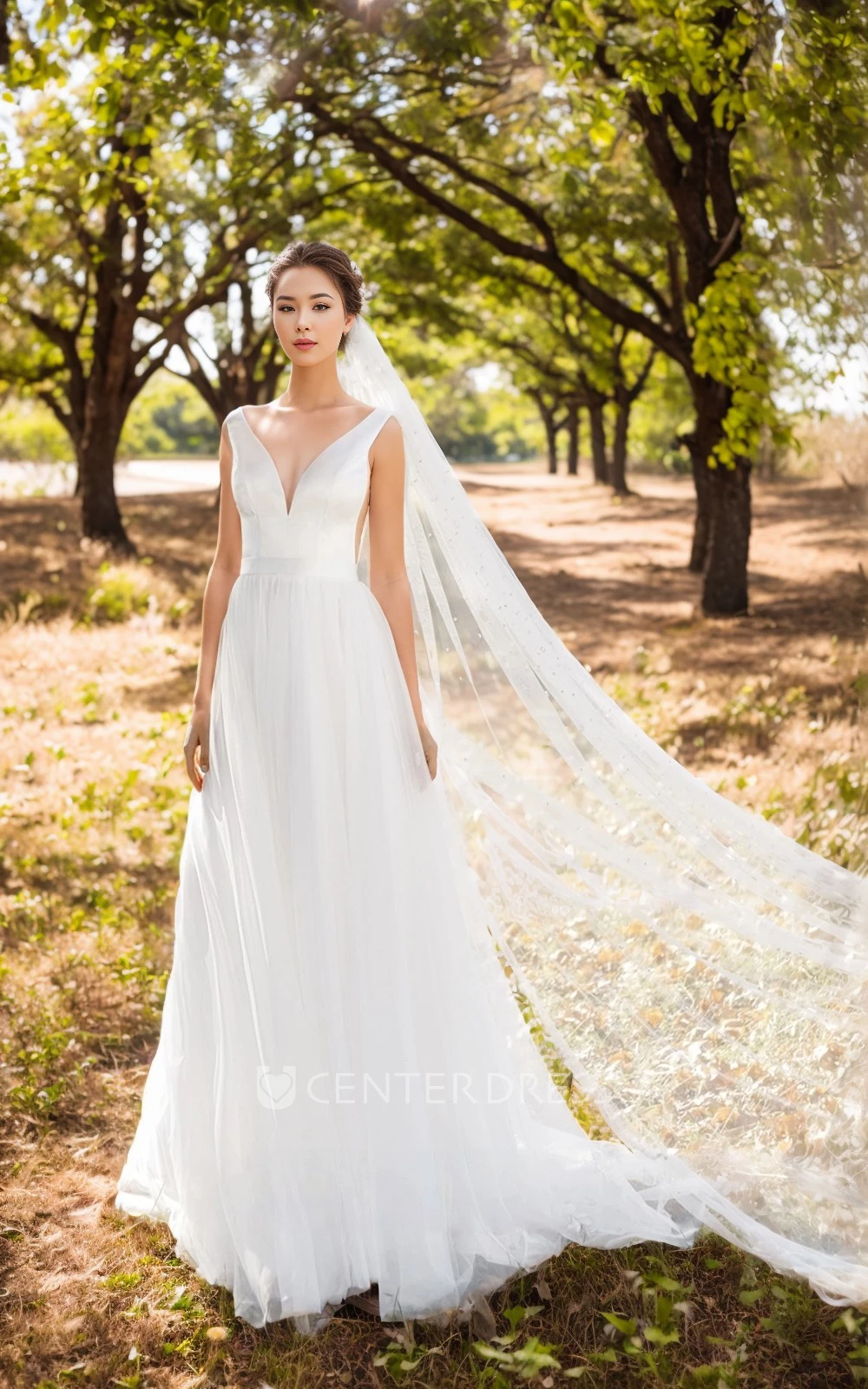Elegant A-Line V-neck Straps Spring Wedding Dress with Deep-V Back Sweep Train