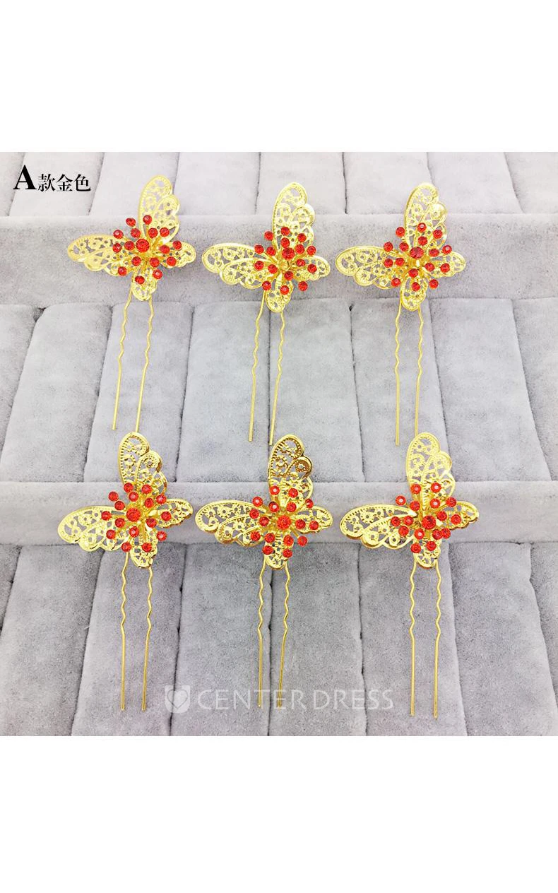 Bride Red Headdress Hair Ornaments Chinese Cheongsam Wedding Accessories Plate Hairpin U-Shaped Clip