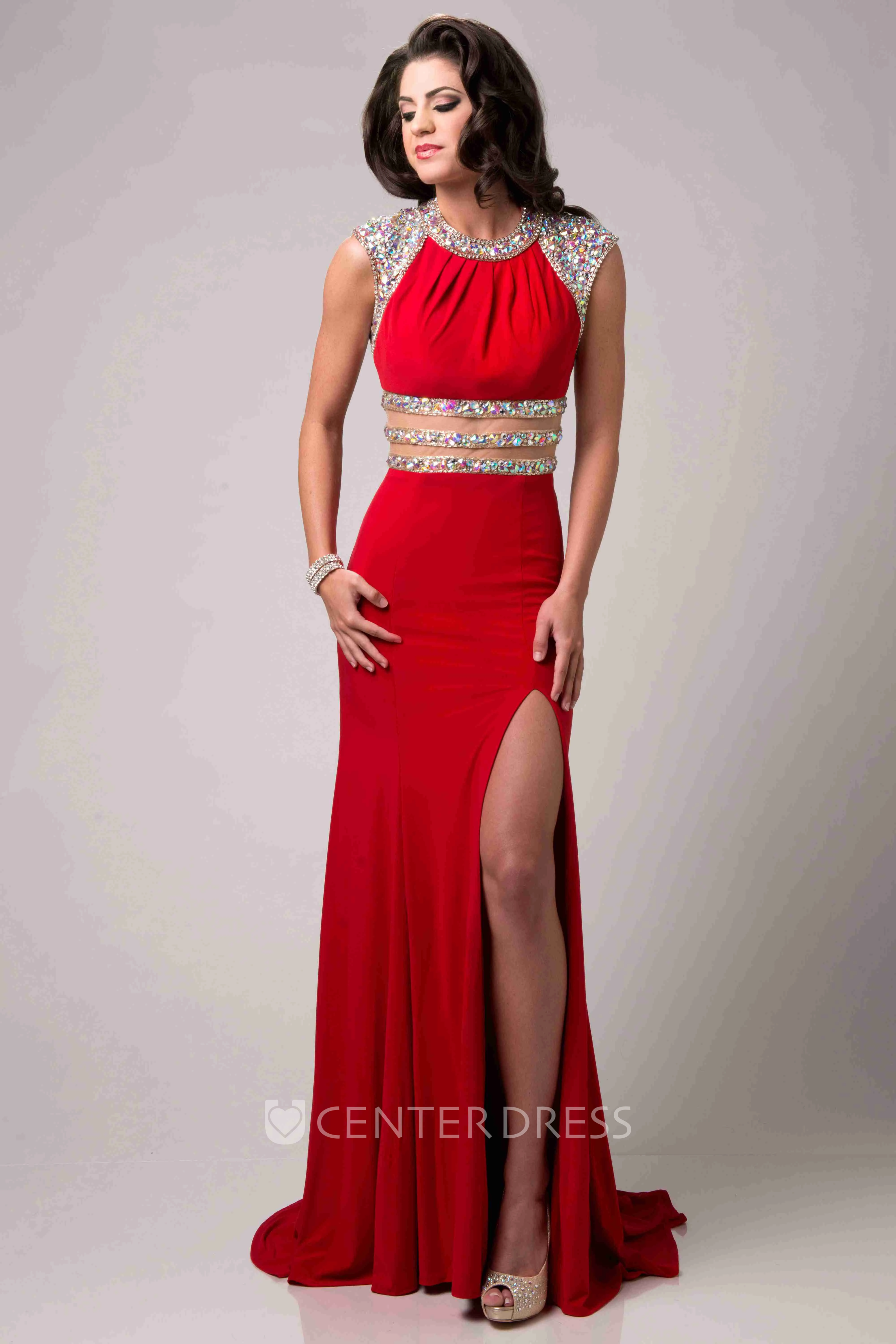 Side Slit Jewel Neck Chiffon Prom Dress Featuring Glimmering Waist And Shoulder