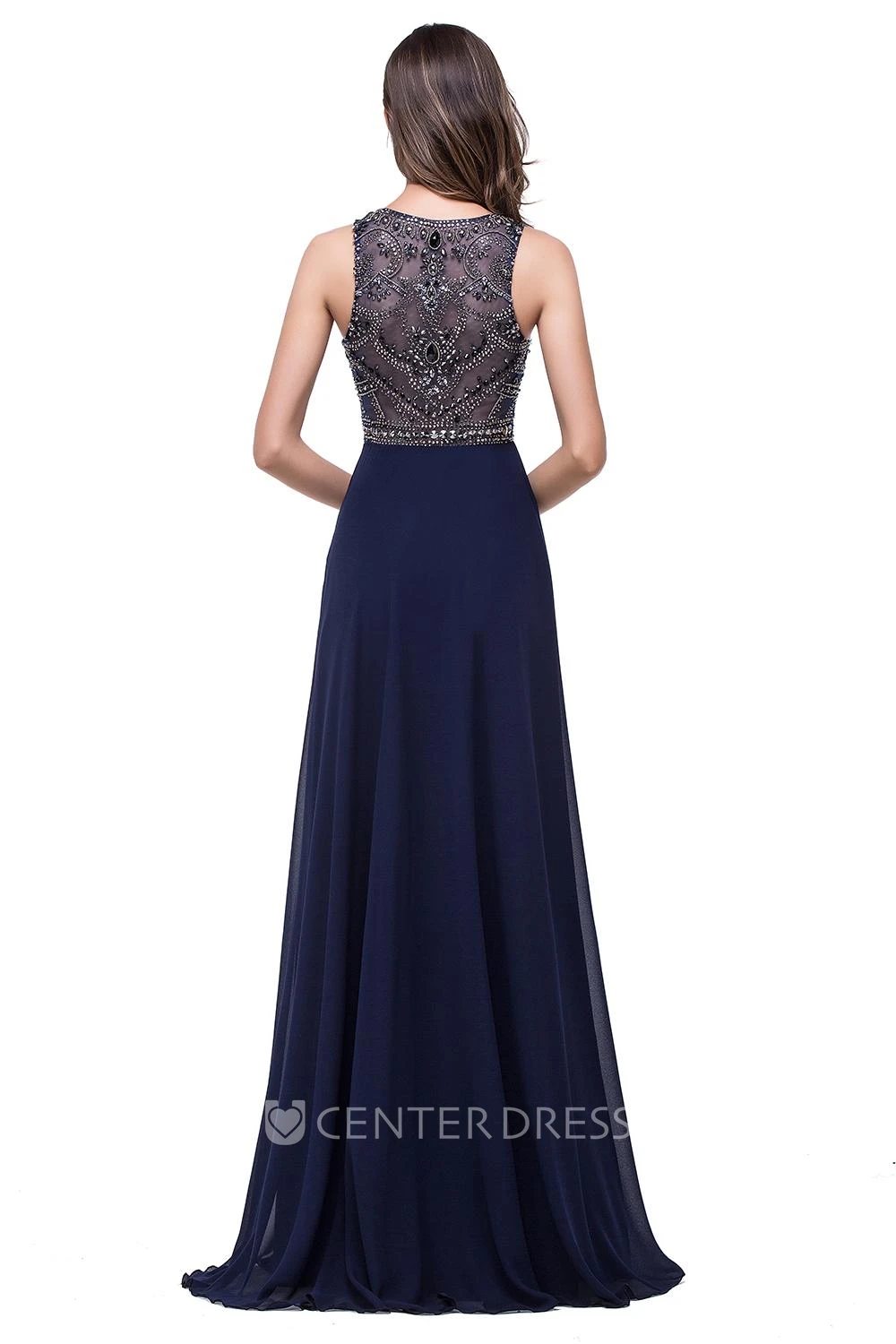 Modern Chiffon A-line Prom Dress Beadings Illusion Zipper