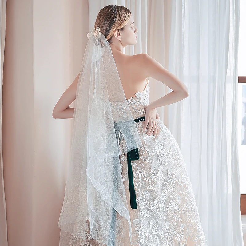 Gold Glittering Simple Style Tulle Mid Length Bridal Veil