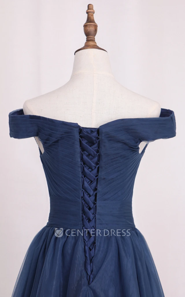 Ethereal Off-the-shoulder A Line Floor-length Short Sleeve Tulle Formal Dress with Ruching