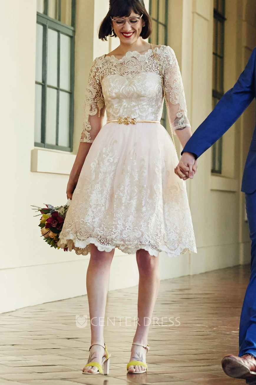 Knee-Length Bateau Long-Sleeve Lace Winter Wedding Dress With Illusion